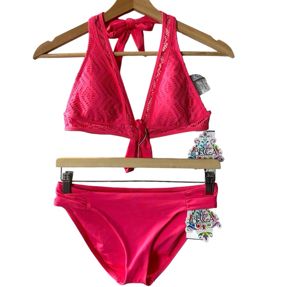 Becca Courtney Crochet Banded Triangle Halter Bikini Top Set Coral Size Small